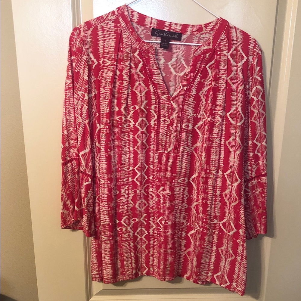 Gloria Vanderbilt Red and White Patterned V-Neck Tunic